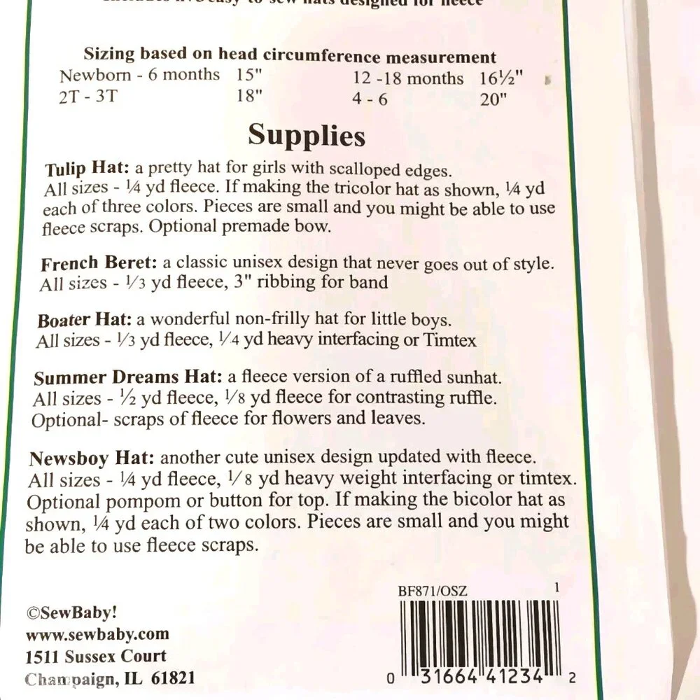 Sew Baby - Fleece - Easy Hats- Pattern‎ F871 -Uncut Newborn to Size 6 / 1998 VTG